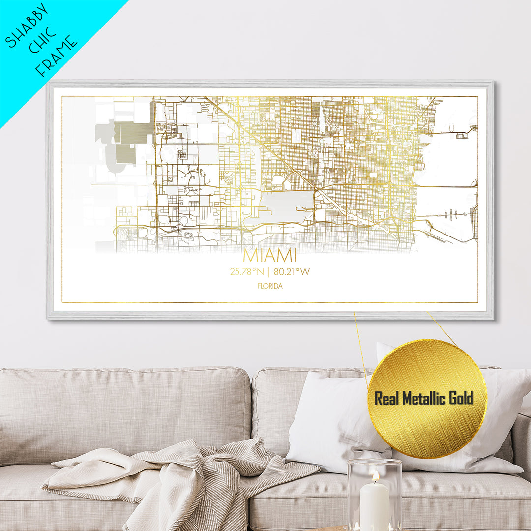 Miami Florida City Poster, Metallic Gold Art, Metal Art, real wood frames, black and gold, Street Map Art, Map Print Poster