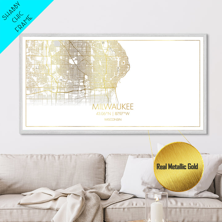 Milwaukee Wisconsin City Poster, Metallic Gold Art, Metal Art, real wood frames, black and gold, Street Map Art, Map Art