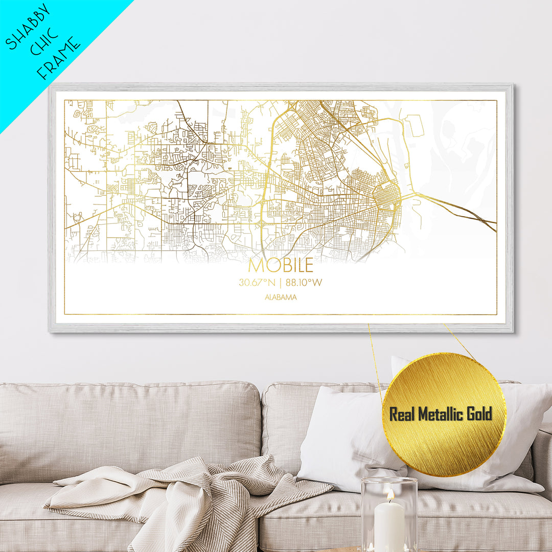 Mobile Alabama City Poster, Metallic Gold Art, Metal Art, real wood frames, black and gold, Street Map Art, Housewarming Gift