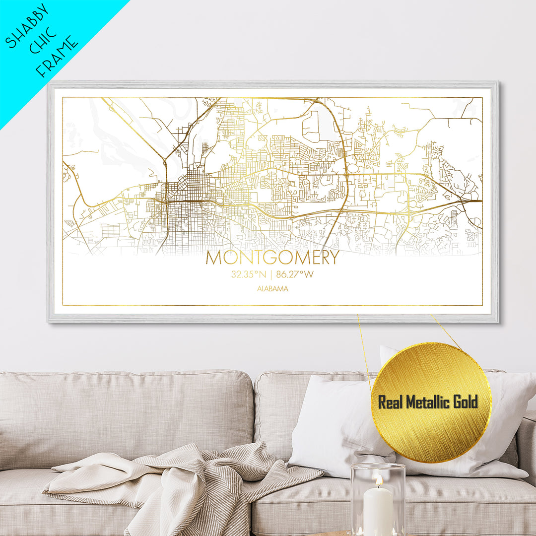 Montgomery Alabama City Poster, Metallic Gold Art, Metal Art, real wood frames, black and gold, Street Map Art, Office Decor