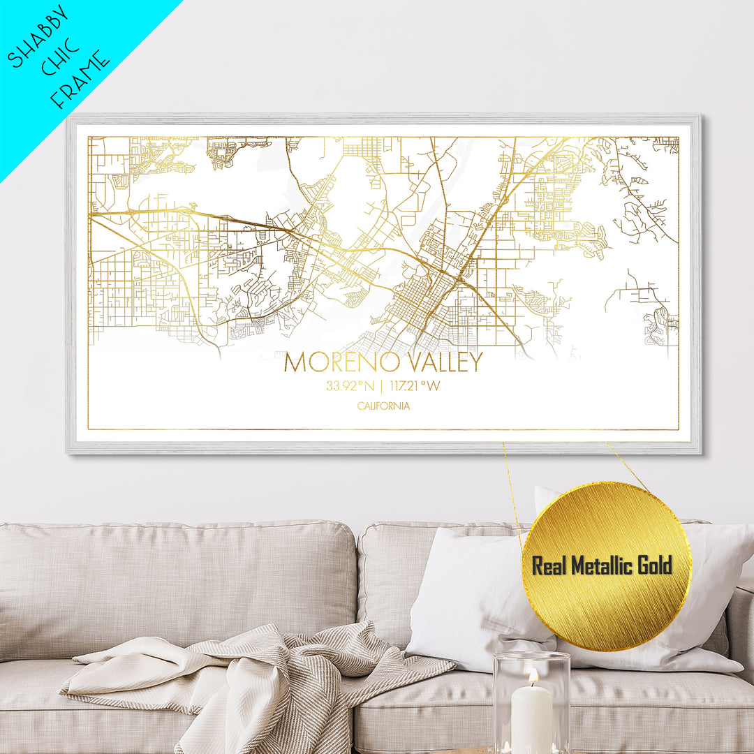 Moreno Valley California City street map, Metallic Gold Print, Metal Art, wood framed map, black and gold, Street Map Wall Art, Best Friend Gifts