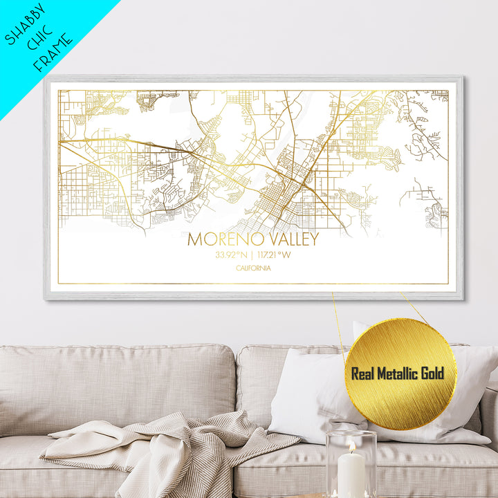 Moreno Valley California City street map, Metallic Gold Print, Metal Art, wood framed map, black and gold, Street Map Wall Art, Best Friend Gifts