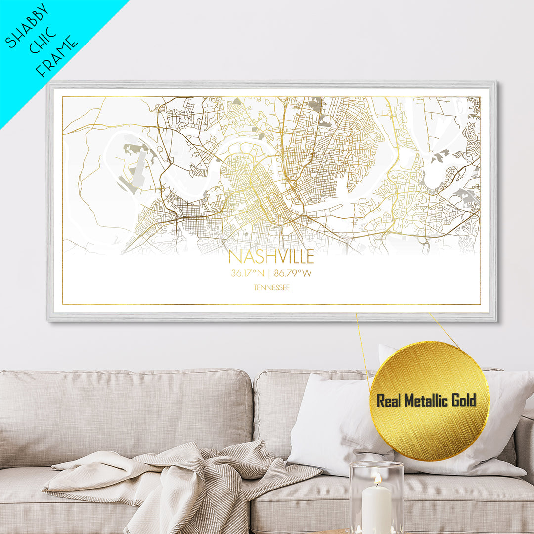 Nashville Tennessee City Poster, Metallic Gold Art, Metal Art, real wood frames, black and gold, Street Map Art, Map Art