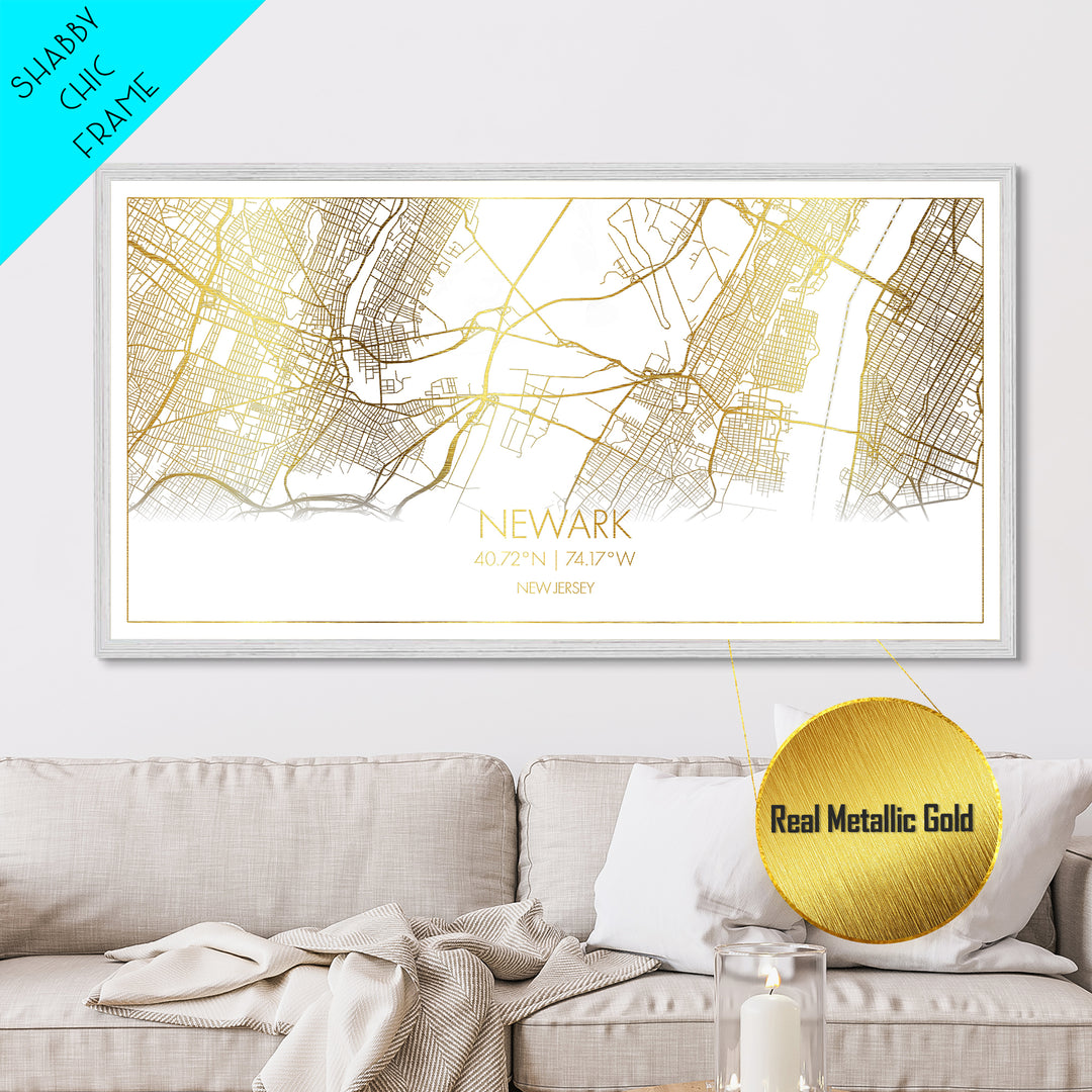 Newark New Jersey City street map, Metallic Gold Print, Metal Art, wood framed map, black and gold, Street Map Wall Art, Office Decor