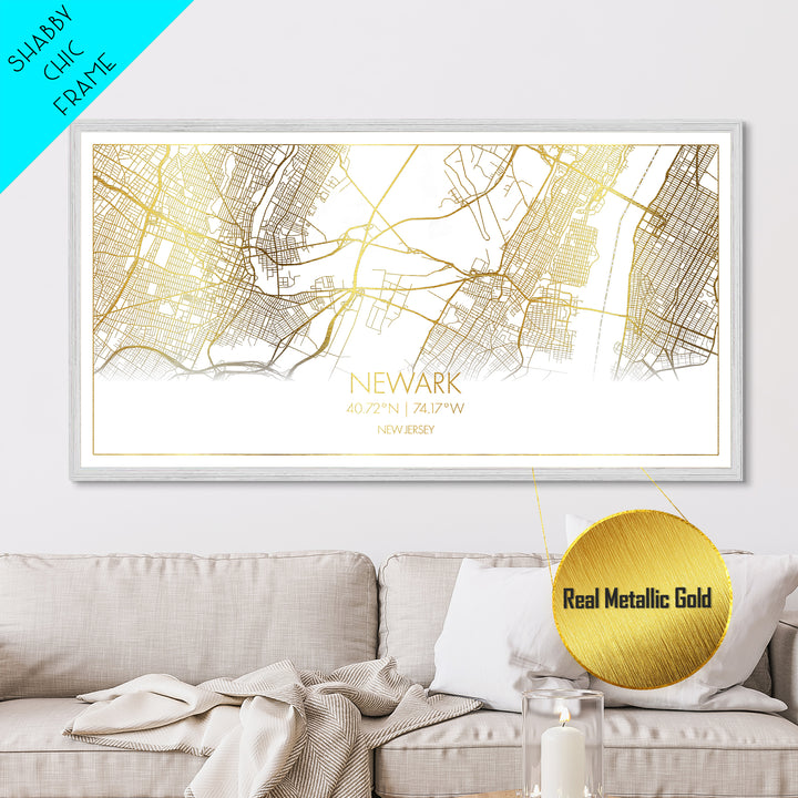Newark New Jersey City street map, Metallic Gold Print, Metal Art, wood framed map, black and gold, Street Map Wall Art, Office Decor