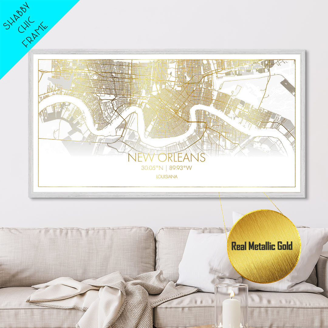 New Orleans Louisiana City Poster, Metallic Gold Art, Metal Art, real wood frames, black and gold, Street Map Art, Housewarming Gift