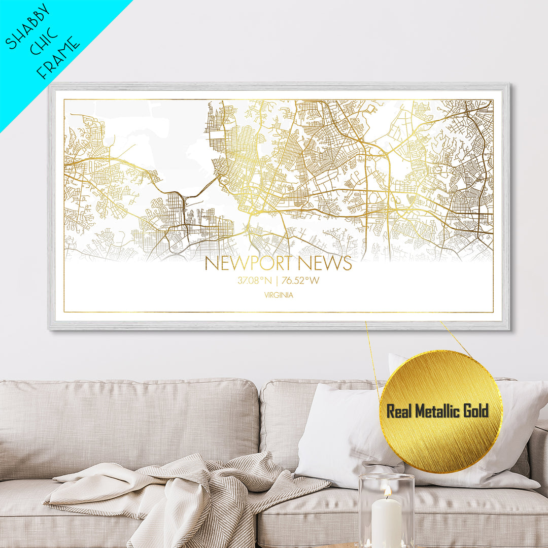Newport News Virginia City street map, Metallic Gold Print, Metal Art, wood framed map, black and gold, Street Map Wall Art, Travel Poster