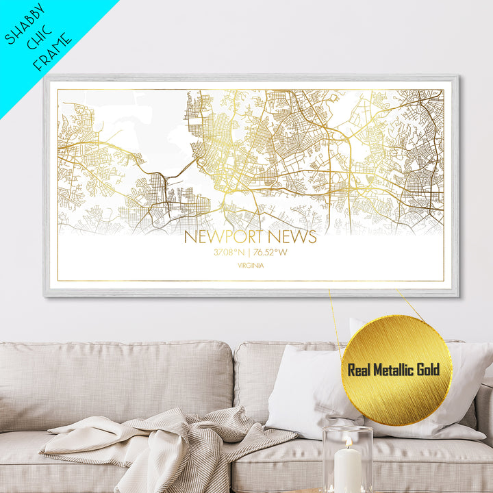 Newport News Virginia City street map, Metallic Gold Print, Metal Art, wood framed map, black and gold, Street Map Wall Art, Travel Poster