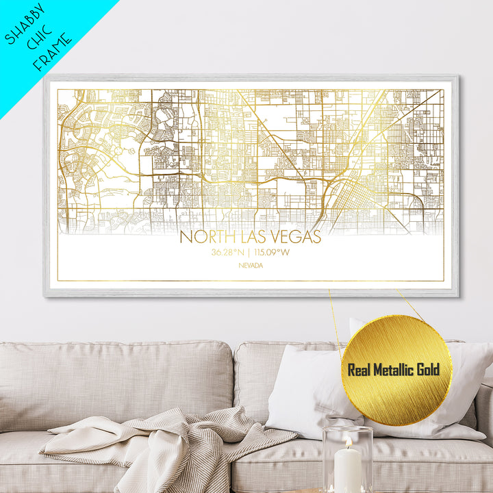North Las Vegas Nevada City Poster, Metallic Gold Art, Metal Art, real wood frames, black and gold, Street Map Art, Modern House Art