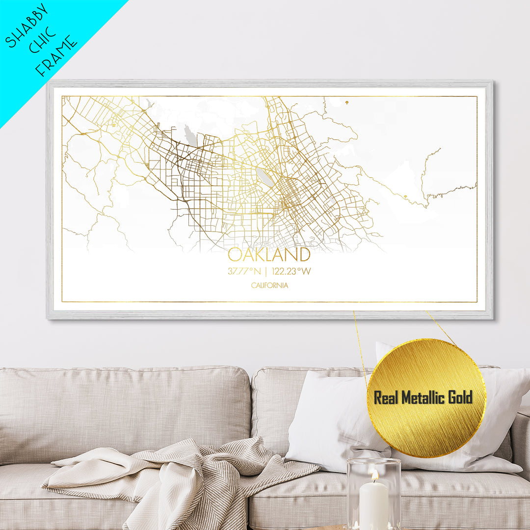 Oakland California City street map, Metallic Gold Print, Metal Art, wood framed map, black and gold, Street Map Wall Art, Office Decor