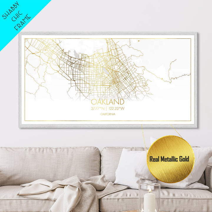 Oakland California City street map, Metallic Gold Print, Metal Art, wood framed map, black and gold, Street Map Wall Art, Office Decor