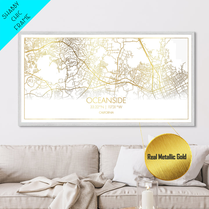Oceanside California City Poster, Metallic Gold Art, Metal Art, real wood frames, black and gold, Street Map Art, Housewarming Gift