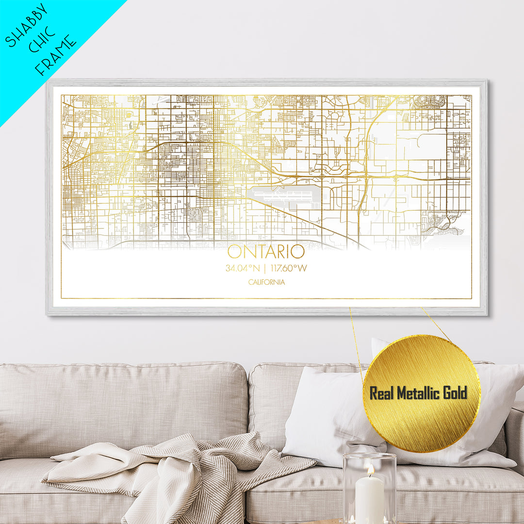 Ontario California City street map, Metallic Gold Print, Metal Art, wood framed map, black and gold, Street Map Wall Art, Minimalist Wall Art