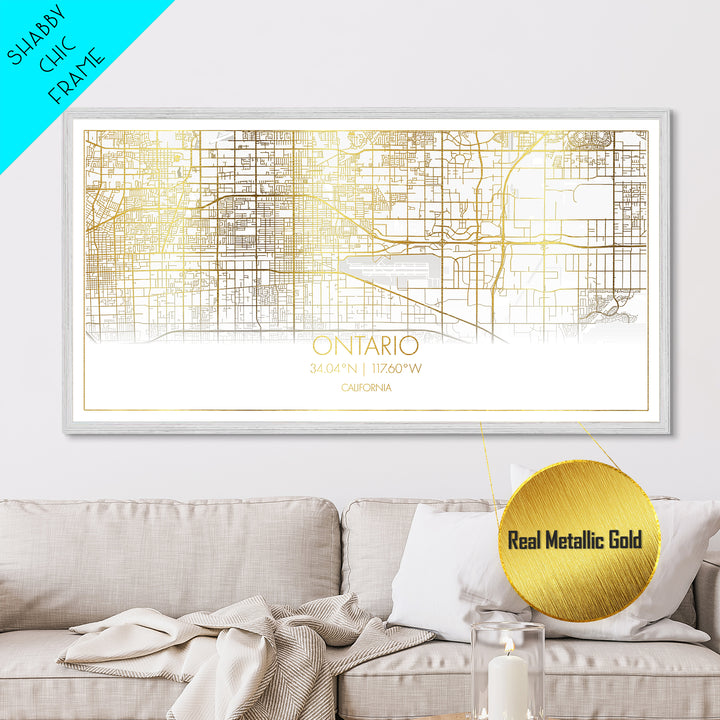Ontario California City street map, Metallic Gold Print, Metal Art, wood framed map, black and gold, Street Map Wall Art, Minimalist Wall Art