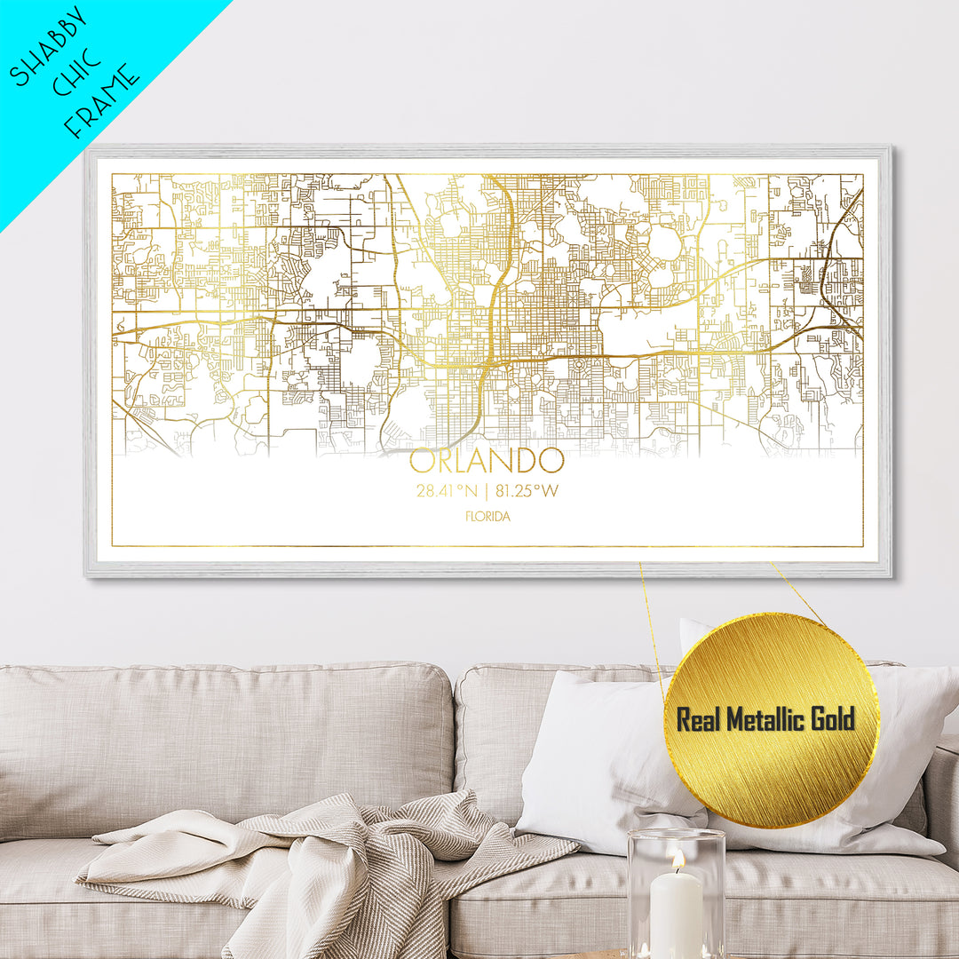 Orlando Florida City Poster, Metallic Gold Art, Metal Art, real wood frames, black and gold, Street Map Art, Modern Wall Art