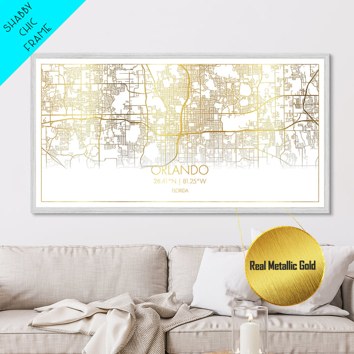 Orlando Florida City Poster, Metallic Gold Art, Metal Art, real wood frames, black and gold, Street Map Art, Modern Wall Art