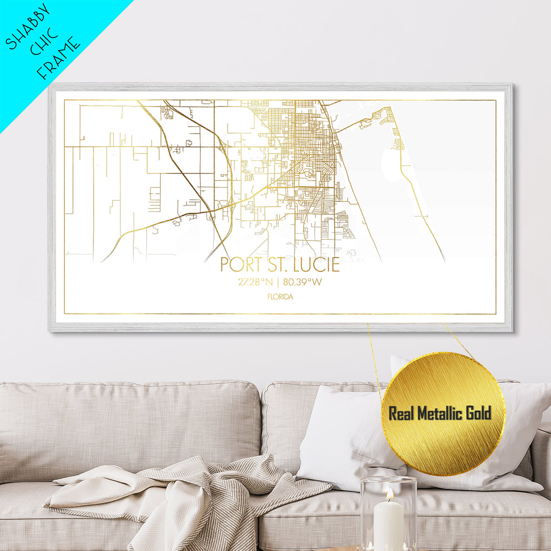 Port St. Lucie Florida City Poster, Metallic Gold Art, Metal Art, real wood frames, black and gold, Street Map Wall Art, Housewarming Gift