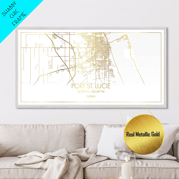 Port St. Lucie Florida City Poster, Metallic Gold Art, Metal Art, real wood frames, black and gold, Street Map Wall Art, Housewarming Gift