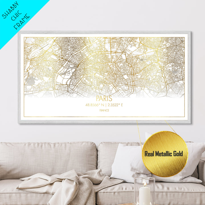 Paris France City Poster, Metallic Gold Art, Metal Art, real wood frames, black and gold, Street Map Wall Art, Gold Street Map Art