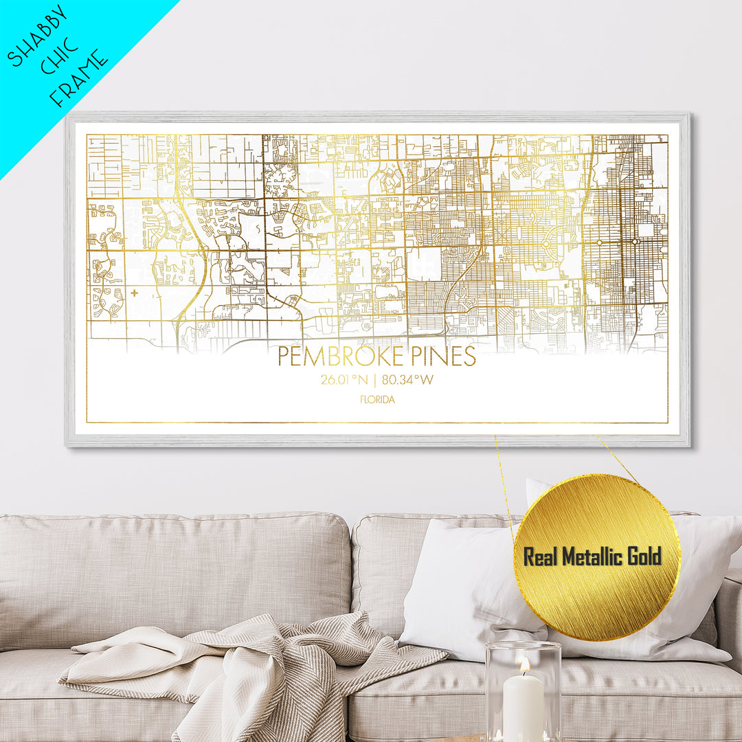 Pembroke Pines Florida City street map, Metallic Gold Print, Metal Art, wood framed map, black and gold, Street Map Art, Best Friend Gifts