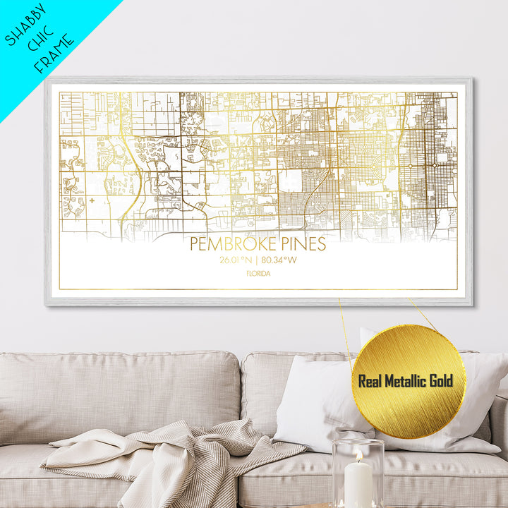 Pembroke Pines Florida City street map, Metallic Gold Print, Metal Art, wood framed map, black and gold, Street Map Art, Best Friend Gifts