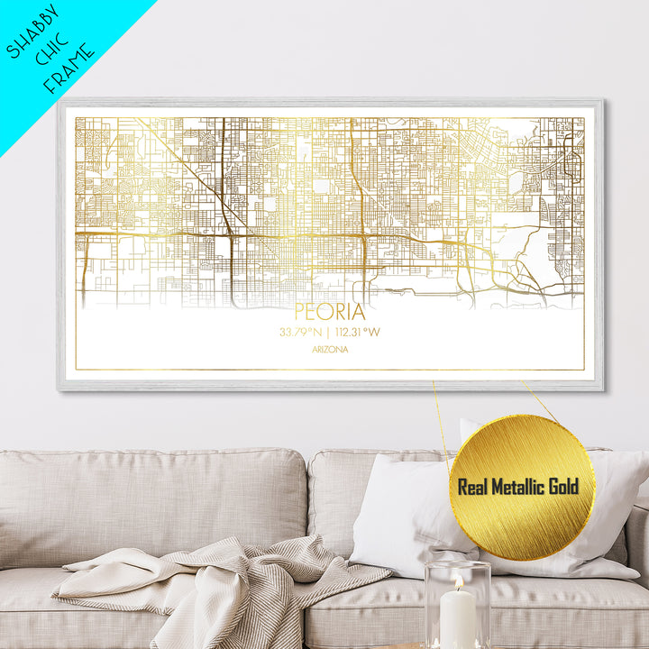 Peoria Arizona City Poster, Metallic Gold Art, Metal Art, real wood frames, black and gold, Street Map Wall Art, College Dorm Décor