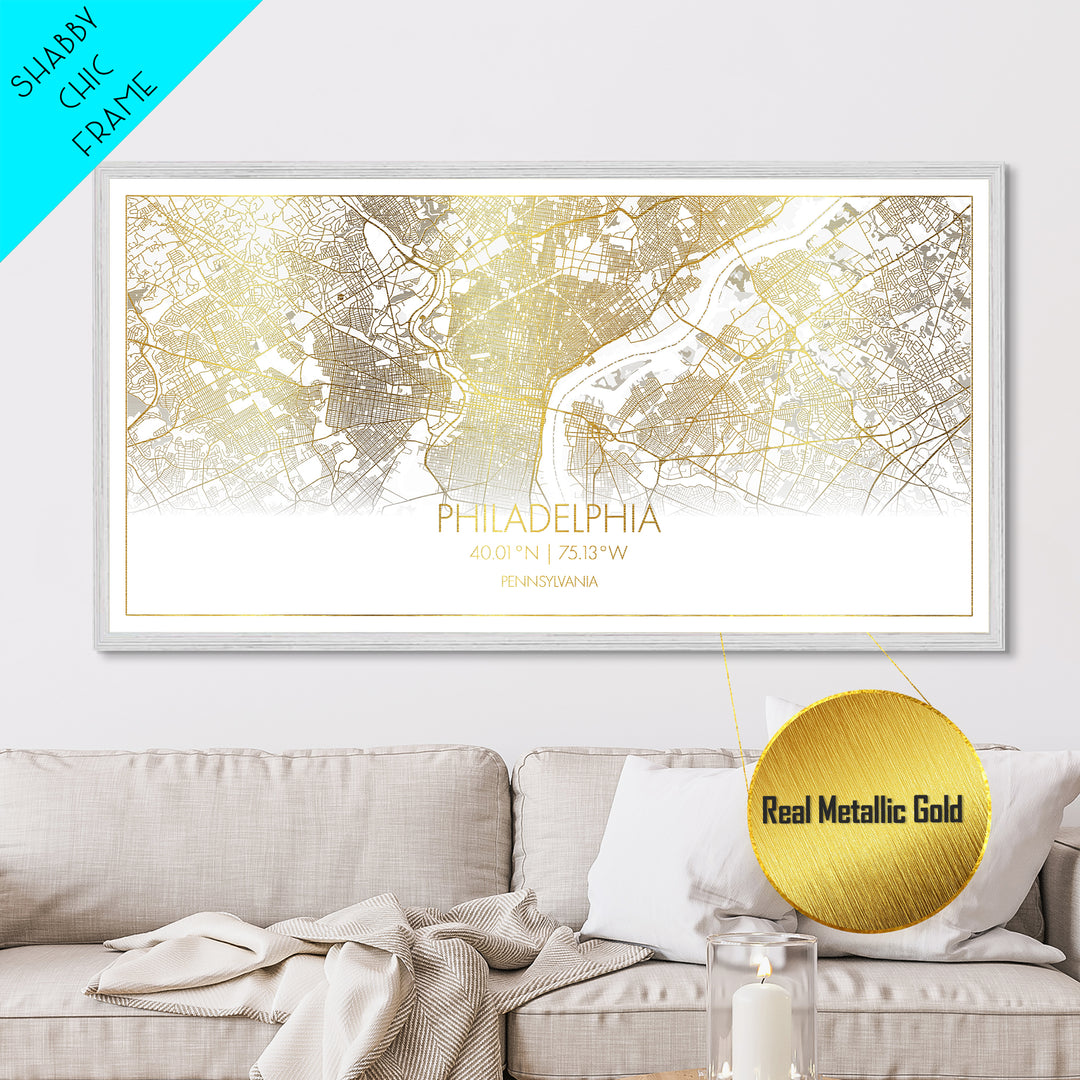 Philadelphia Pennsylvania City street map, Metallic Gold Print, Metal Art, wood framed map, black and gold, Street Map Art, Housewarming Gift