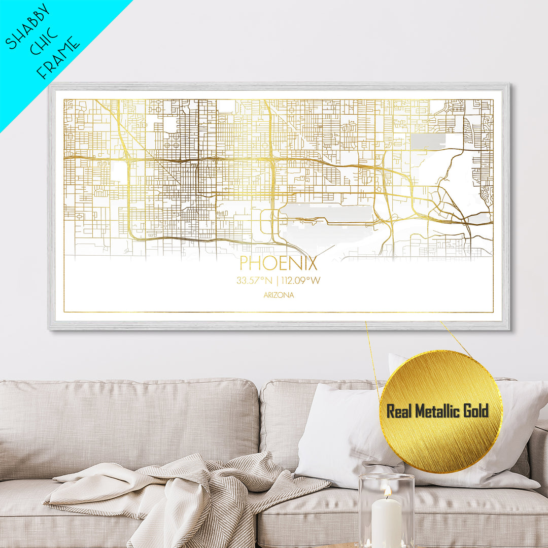 Phoenix Arizona City Poster, Metallic Gold Art, Metal Art, real wood frames, black and gold, Street Map Wall Art, Minimalist Wall Art