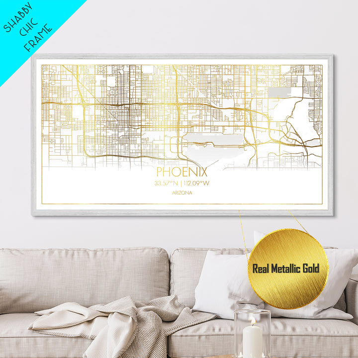 Phoenix Arizona City Poster, Metallic Gold Art, Metal Art, real wood frames, black and gold, Street Map Wall Art, Minimalist Wall Art
