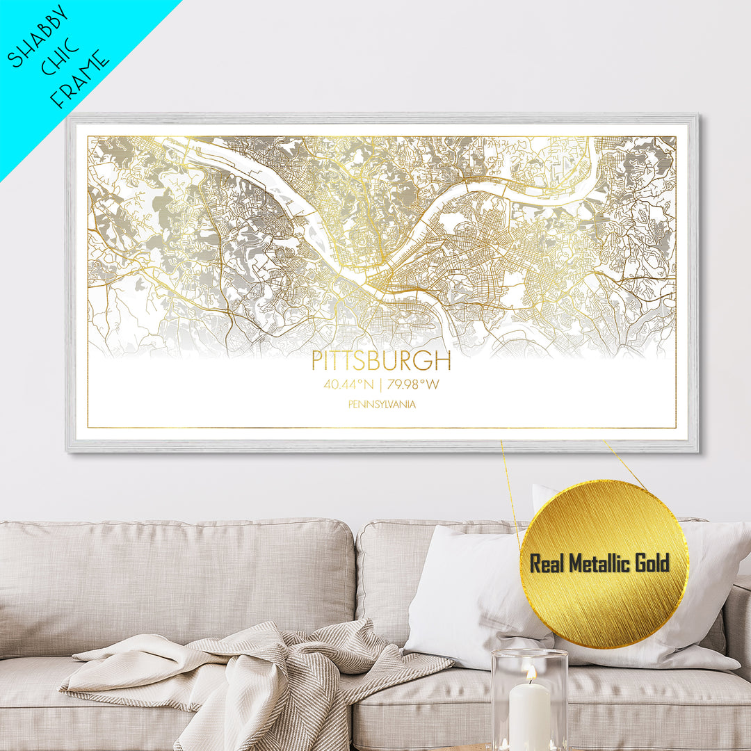 Pittsburgh Pennsylvania City street map, Metallic Gold Print, Metal Art, wood framed map, black and gold, Street Map Art, Real Wood Frames