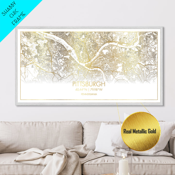 Pittsburgh Pennsylvania City street map, Metallic Gold Print, Metal Art, wood framed map, black and gold, Street Map Art, Real Wood Frames