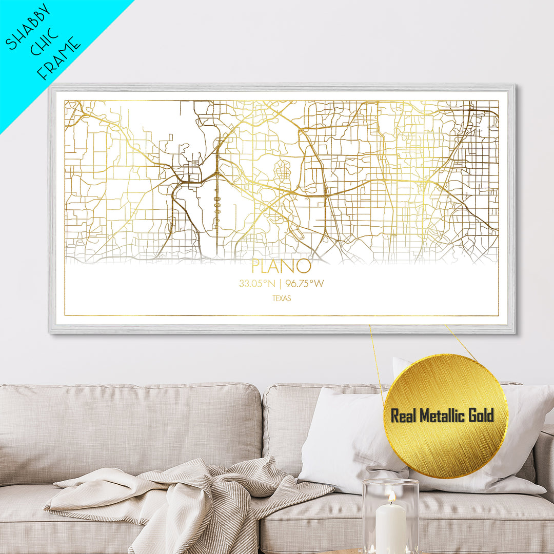 Plano Texas City Poster, Metallic Gold Art, Metal Art, real wood frames, black and gold, Street Map Wall Art, Gold Street Map Art