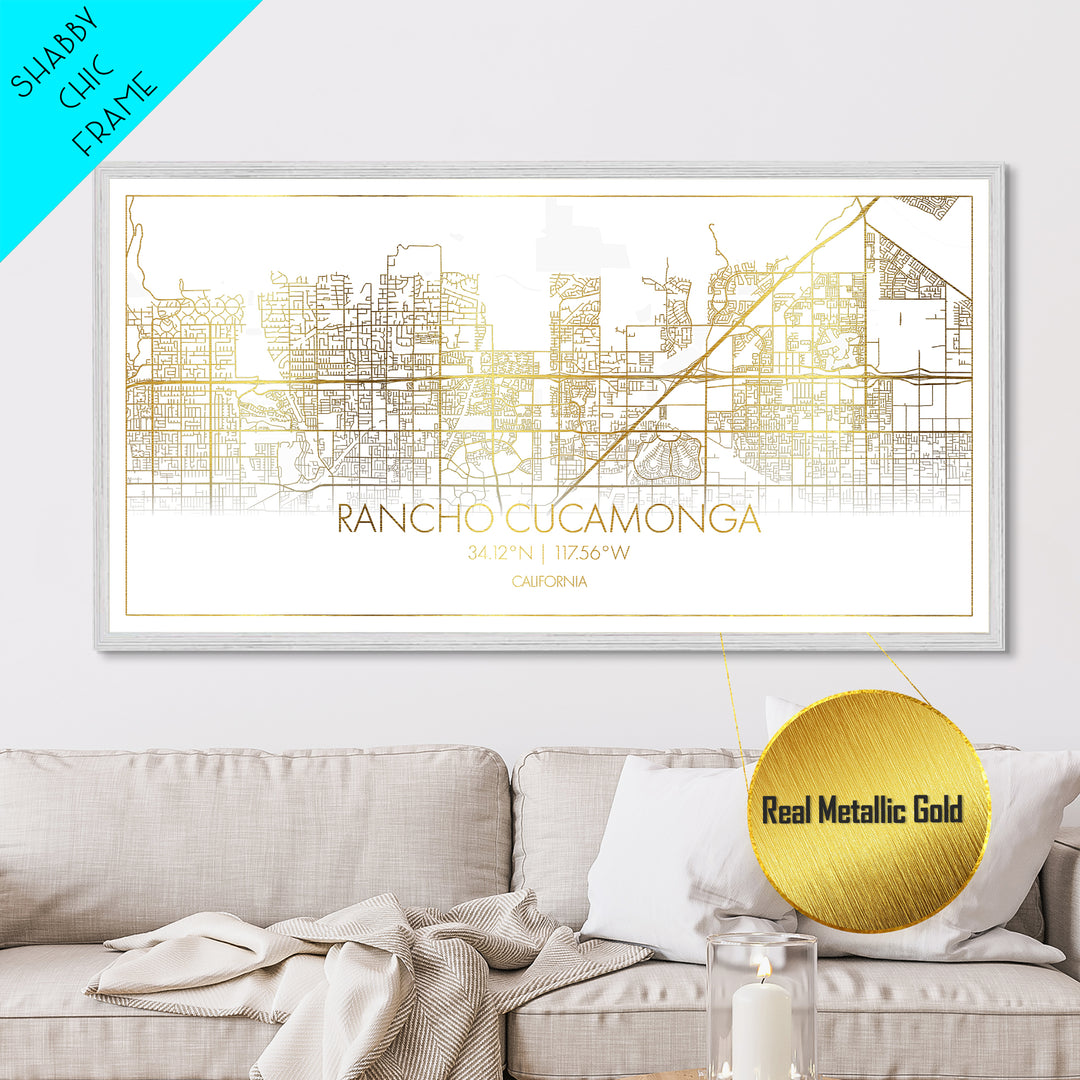 Rancho Cucamonga California City Poster, Metallic Gold Art, Metal Art, real wood frames, black and gold, Street Map Wall Art, College Dorm Décor