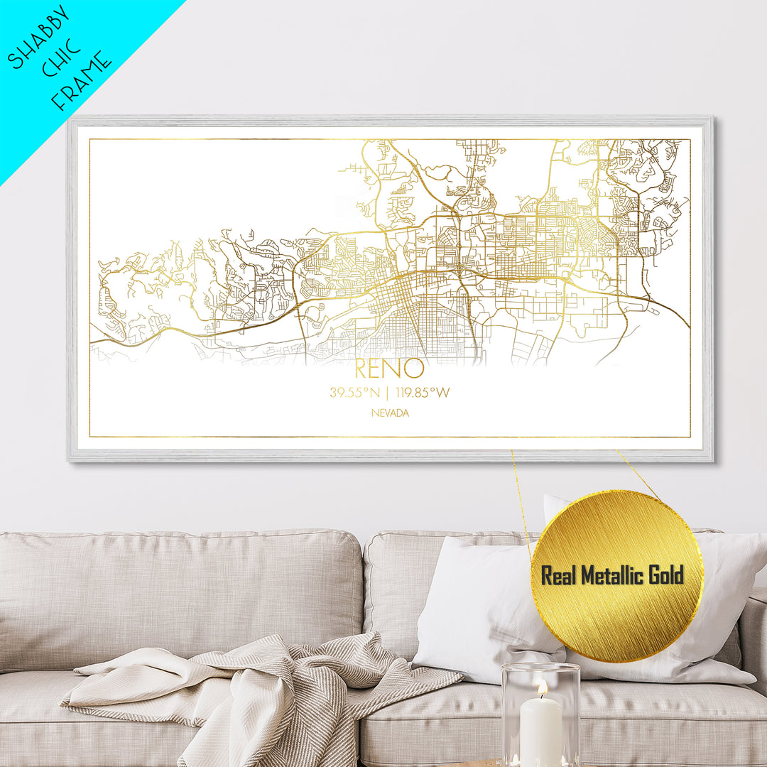Reno Nevada City street map, Metallic Gold Print, Metal Art, wood framed map, black and gold, Street Map Art, Office Decor