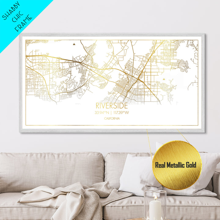 Riverside California City street map, Metallic Gold Print, Metal Art, wood framed map, black and gold, Street Map Art, Real Wood Frames
