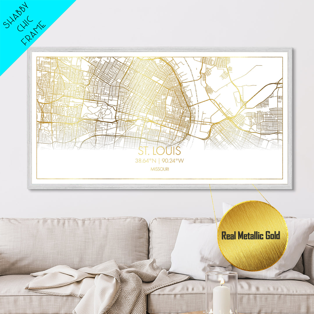 St. Louis Missouri City street map, Metallic Gold Print, Metal Art, wood framed map, black and gold, Street Map Art, Gold Street Map Art