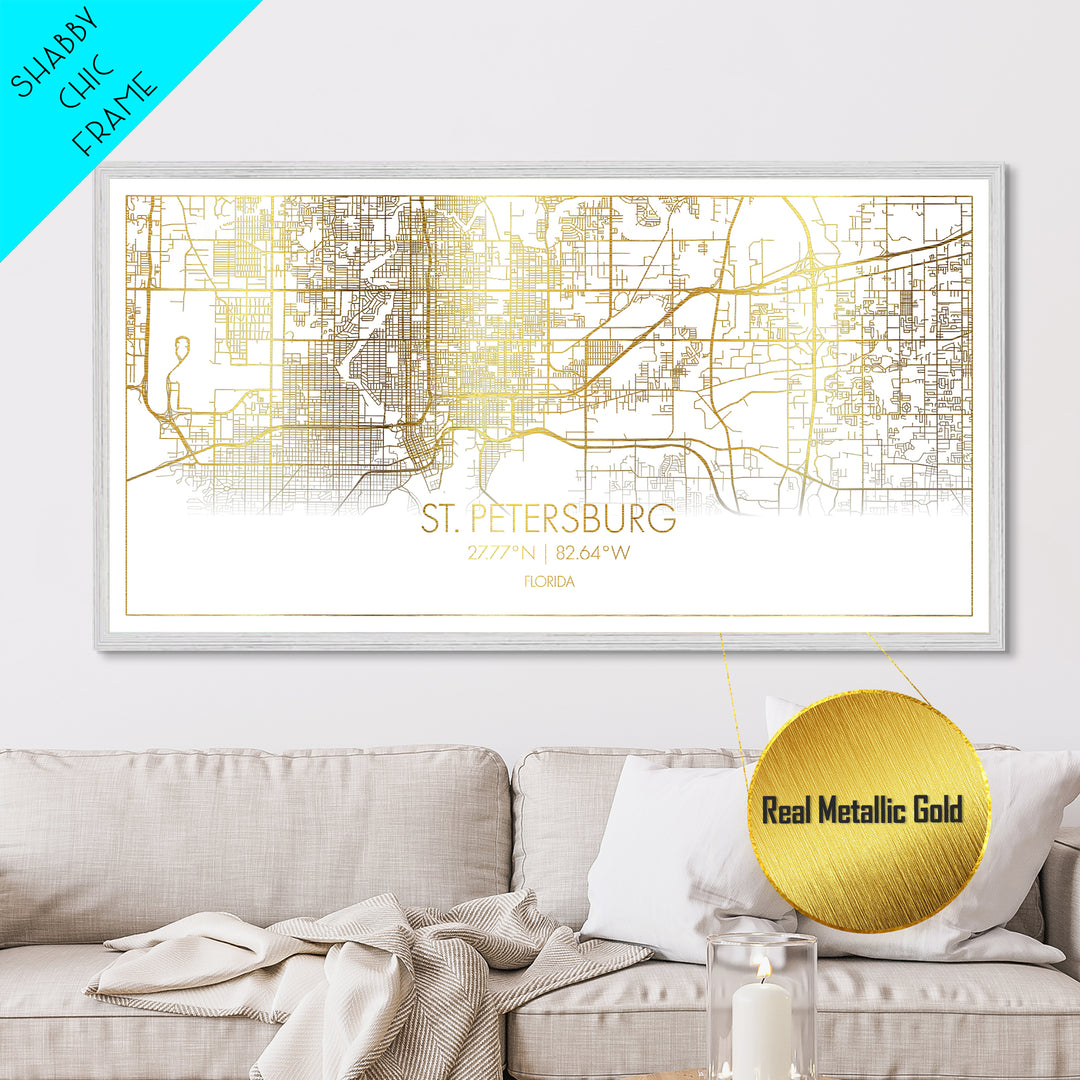 St. Petersburg Florida City street map, Metallic Gold Print, Metal Art, wood framed map, black and gold, Street Map Art, Real Wood Frames
