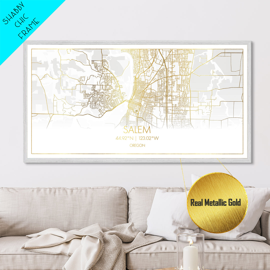Salem Oregon City Poster, Metallic Gold Art, Metal Art, real wood frames, black and gold, Street Map Wall Art, Gold Street Map Art
