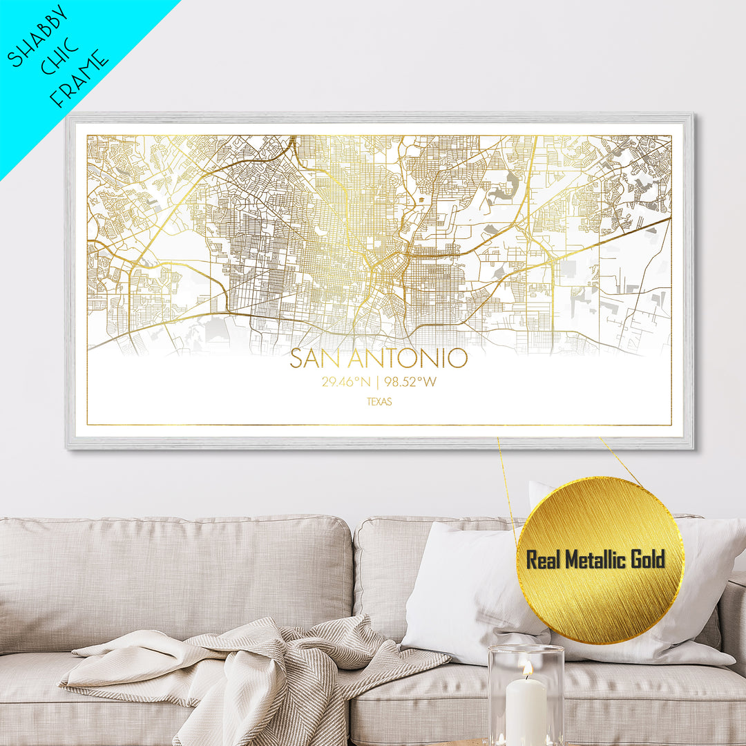 San Antonio Texas City Poster, Metallic Gold Art, Metal Art, real wood frames, black and gold, Street Map Wall Art, College Dorm Décor
