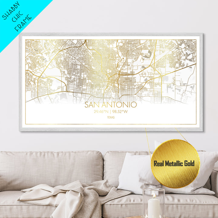 San Antonio Texas City Poster, Metallic Gold Art, Metal Art, real wood frames, black and gold, Street Map Wall Art, College Dorm Décor