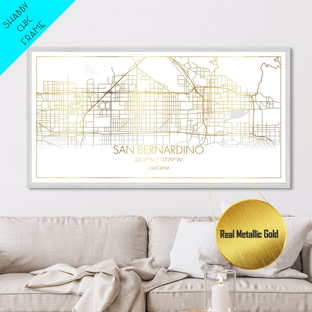 San Bernardino California City street map, Metallic Gold Print, Metal Art, wood framed map, black and gold, Street Map Art, Map Print Poster