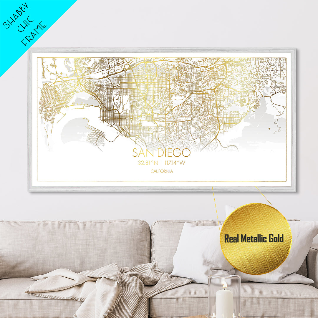 San Diego California City Poster, Metallic Gold Art, Metal Art, real wood frames, black and gold, Street Map Wall Art, Minimalist Wall Art