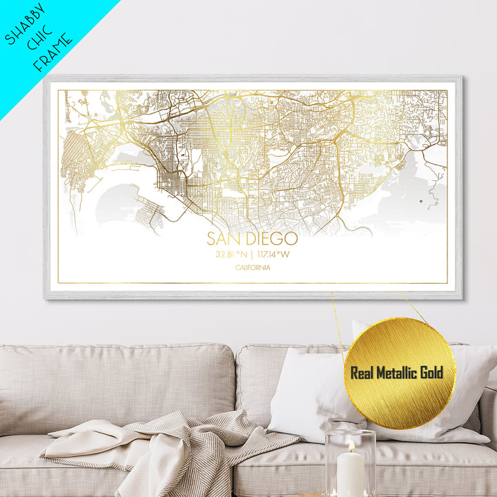 San Diego California City Poster, Metallic Gold Art, Metal Art, real wood frames, black and gold, Street Map Wall Art, Minimalist Wall Art