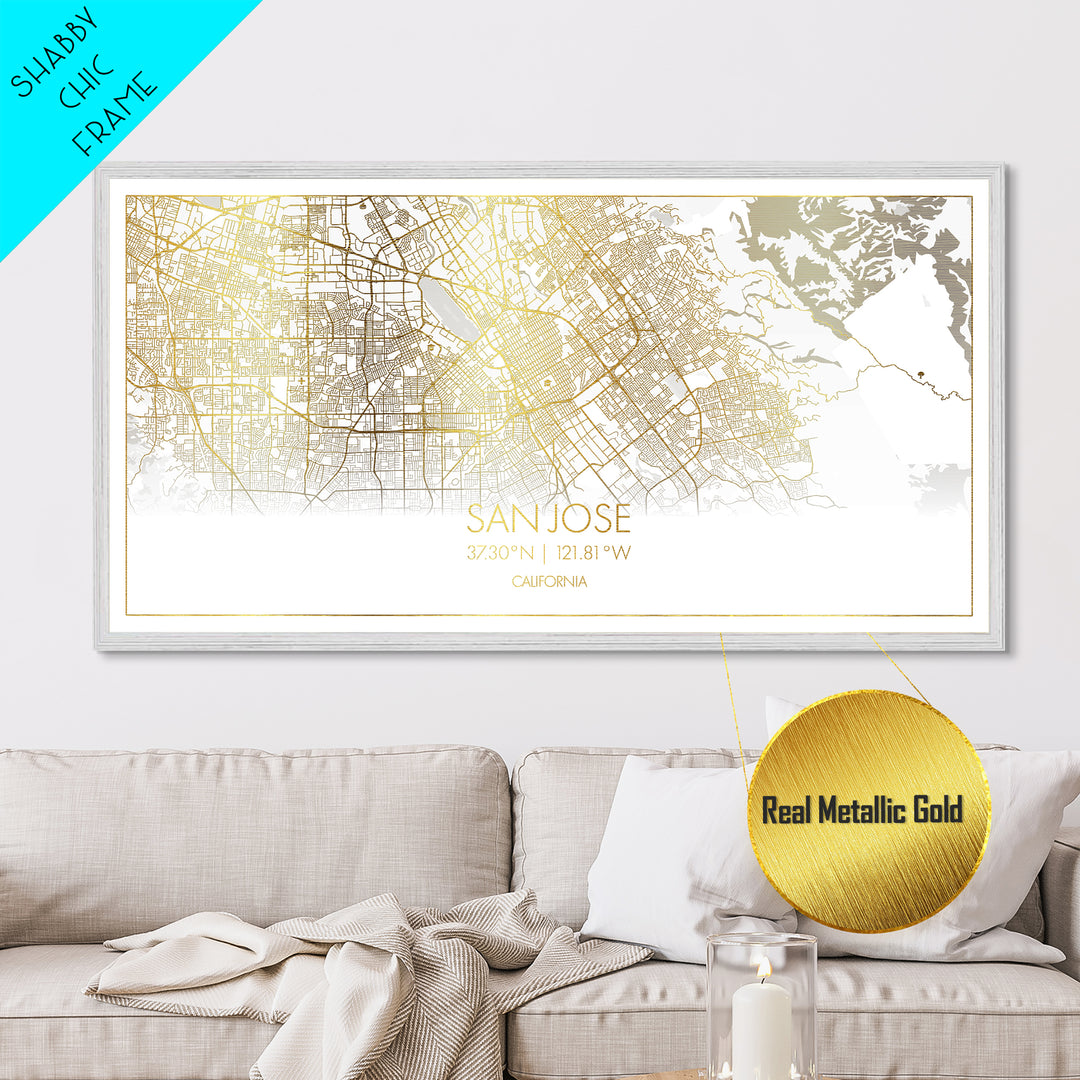 San Jose California City Poster, Metallic Gold Art, Metal Art, real wood frames, black and gold, Street Map Wall Art, Housewarming Gift