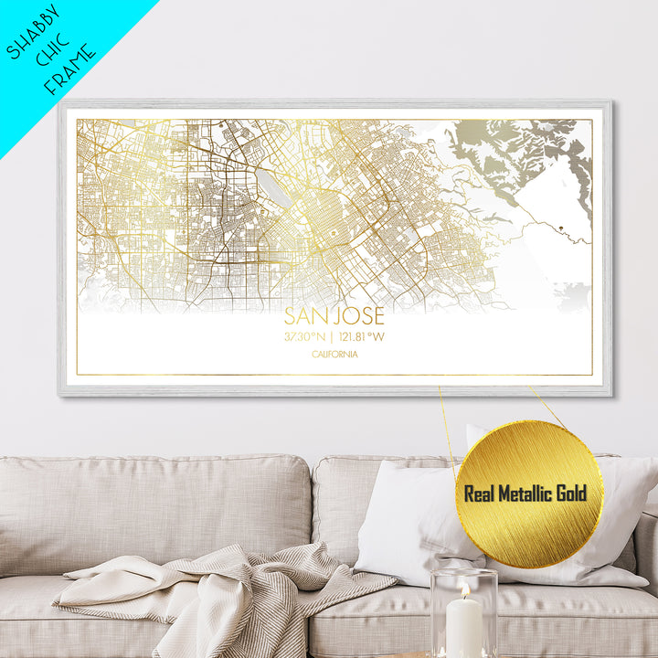 San Jose California City Poster, Metallic Gold Art, Metal Art, real wood frames, black and gold, Street Map Wall Art, Housewarming Gift