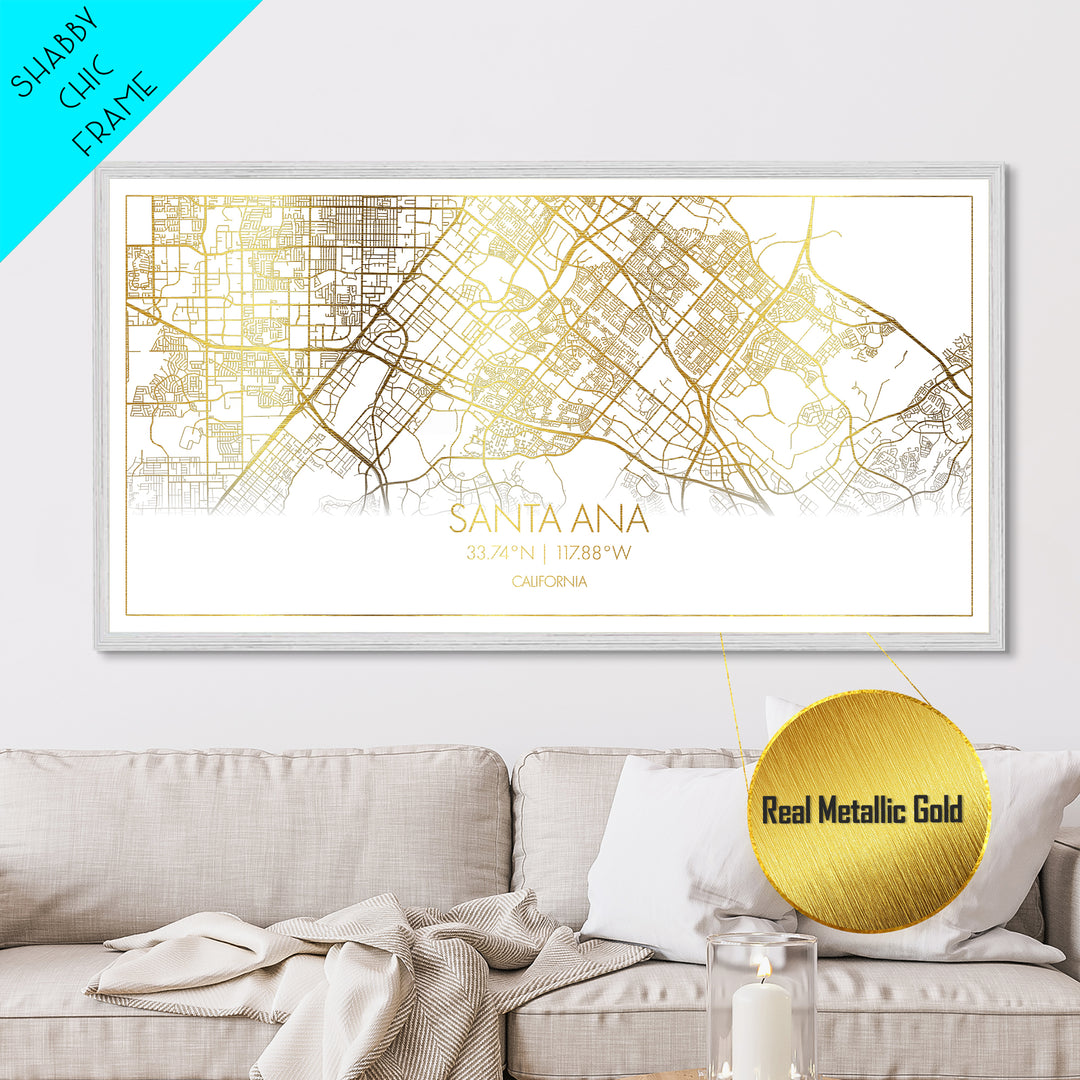 Santa Ana California City street map, Metallic Gold Print, Metal Art, wood framed map, black and gold, Street Map Art, Modern Wall Art