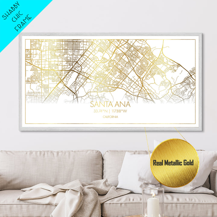 Santa Ana California City street map, Metallic Gold Print, Metal Art, wood framed map, black and gold, Street Map Art, Modern Wall Art