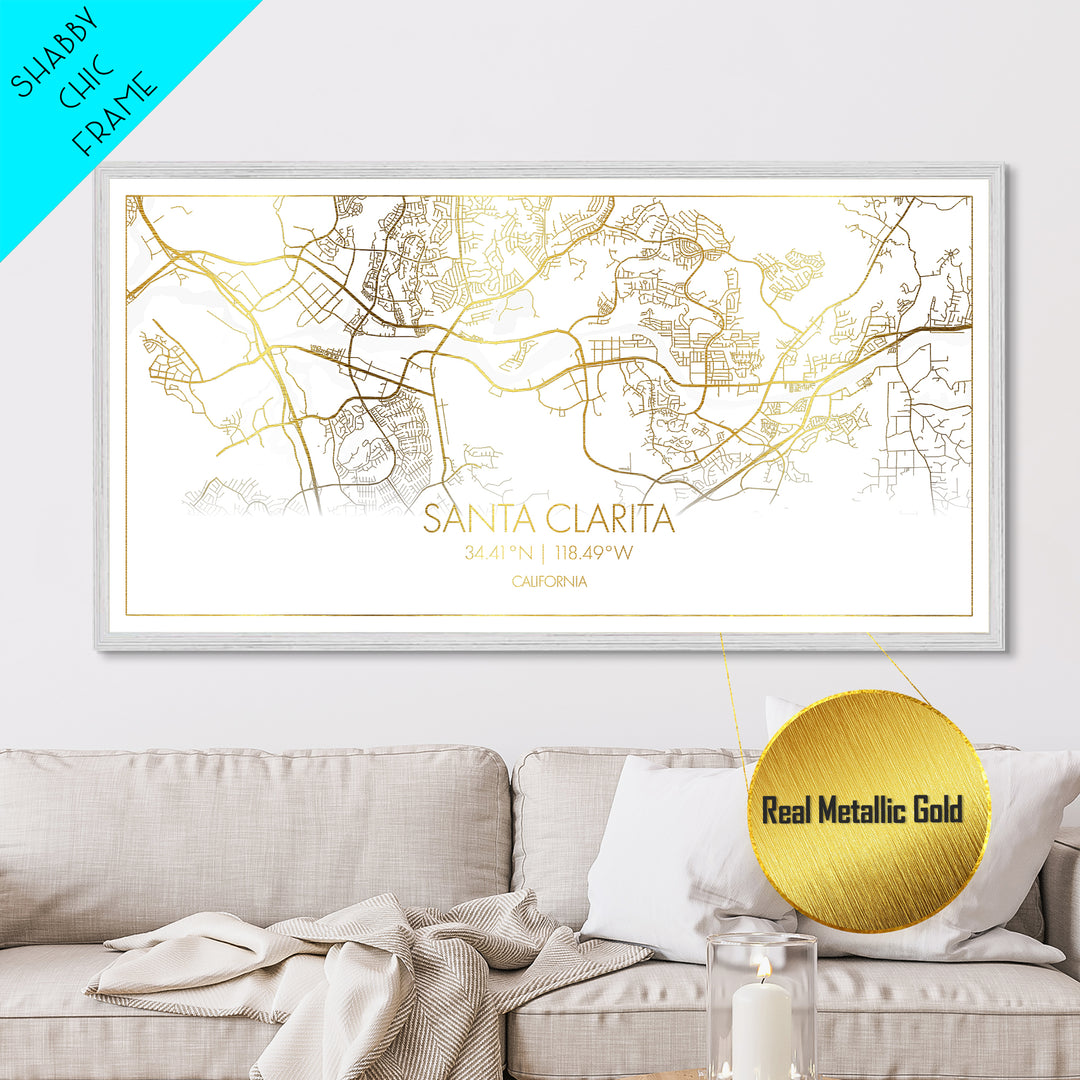 Santa Clarita California City Poster, Metallic Gold Art, Metal Art, real wood frames, black and gold, Street Map Wall Art, Real Wood Frames