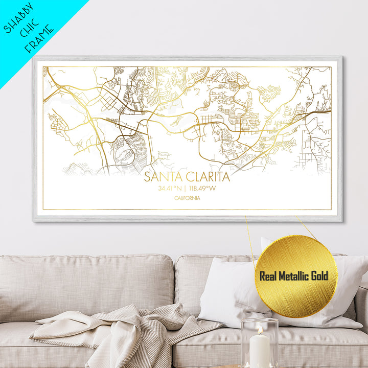 Santa Clarita California City Poster, Metallic Gold Art, Metal Art, real wood frames, black and gold, Street Map Wall Art, Real Wood Frames
