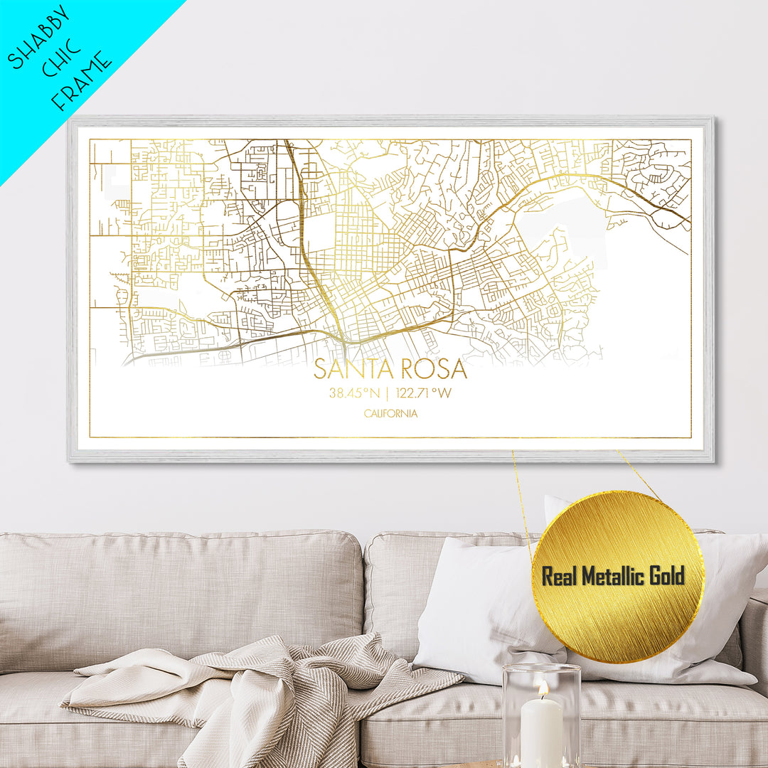 Santa Rosa California City street map, Metallic Gold Print, Metal Art, wood framed map, black and gold, Street Map Art, Minimalist Wall Art